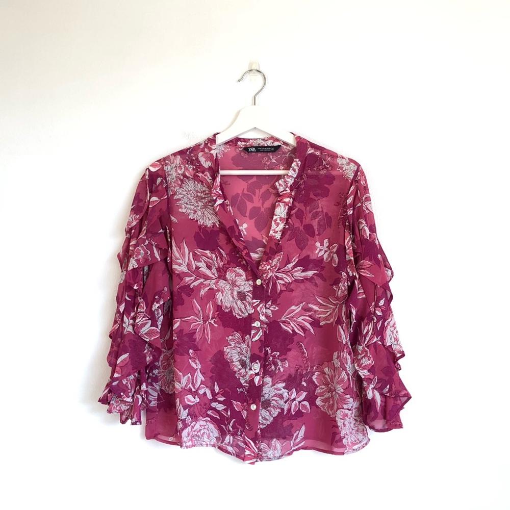 Zara Pink White Floral Ruffle Sleeve Semi-Sheer Button Up Blouse Top Size Medium